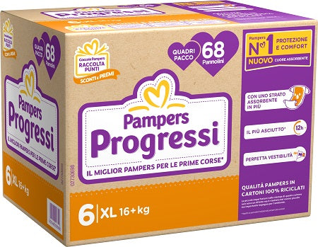 PANNOLINI QUADRIPACK PAMPERS PROGRESSI XL 68 PEZZI